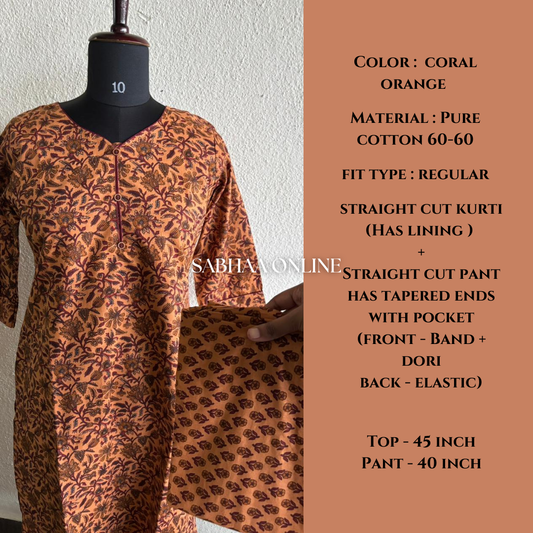 Swathy - Coral Orange Cotton Coord set with lining - LN 29