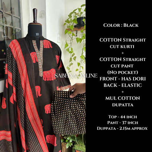 Haathi - Black Cotton Kurti 3pc set