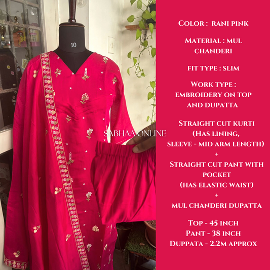 Maithreyi - Rani Pink Premium Mul Chanderi Kurti 3pc set with lining (Slim fit)