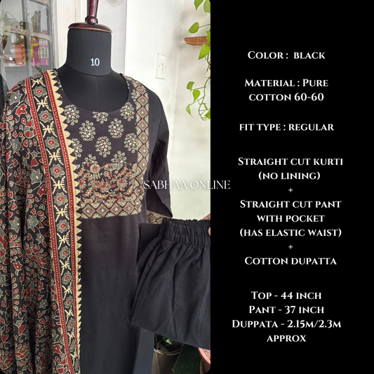 Rana - Black Solid + Ajrak printed Cotton Kurti 3pc set