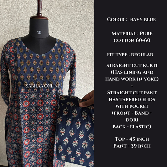 Induja - Navy Blue Ajrakh Cotton Coord set with lining - LN 29