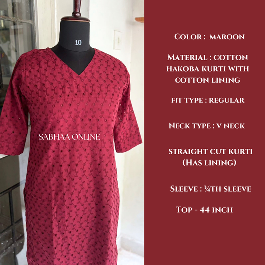 Isha - Maroon Hakoba Cotton kurti with lining - LN 17