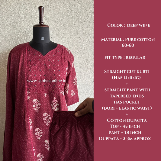 Minu - Deep Wine Cotton kurti 3pc set with lining - LN26