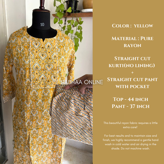 Yellow Rayon Kurti Pant set