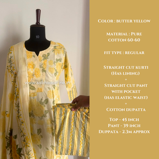 Nayana - Butter Yellow Cotton kurti 3pc set with lining - LN 65