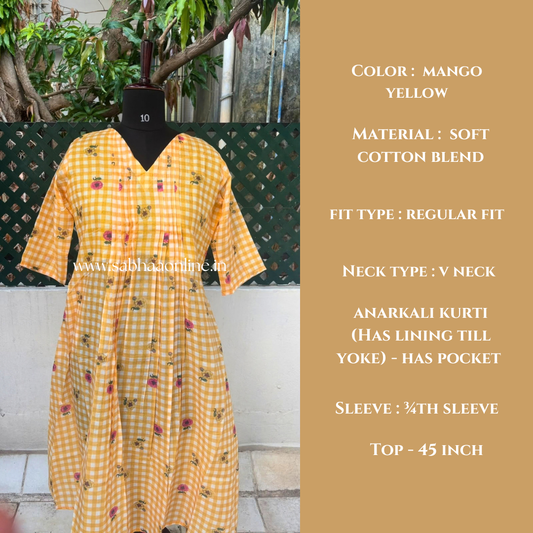 Poppy - Mango Yellow checkered floral Cotton Anarkali kurti /Frock - LN 71