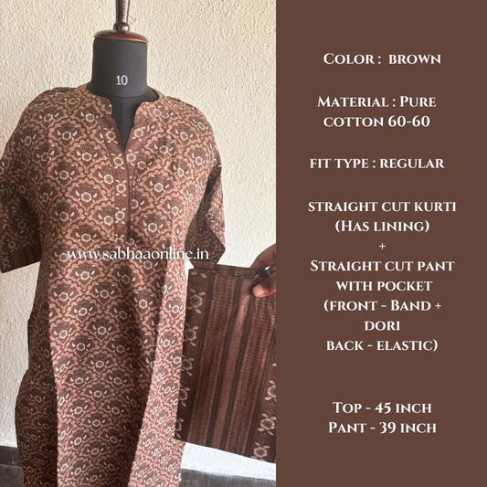 Lara - Brown Cotton kurti pant set with lining - LN 38