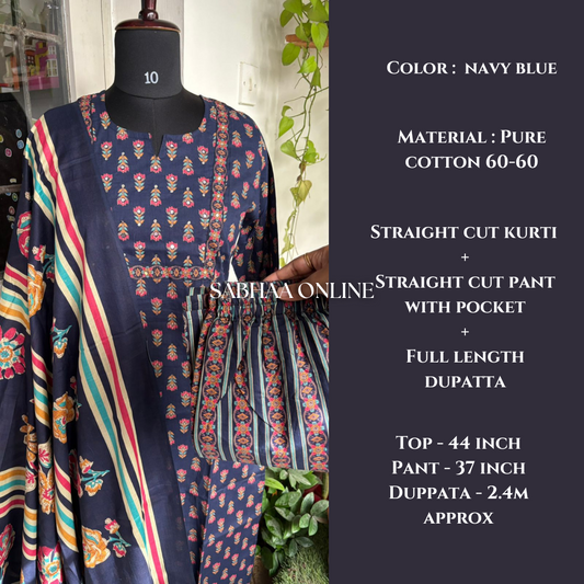Aadya - Navy Blue Cotton Kurti 3pc set