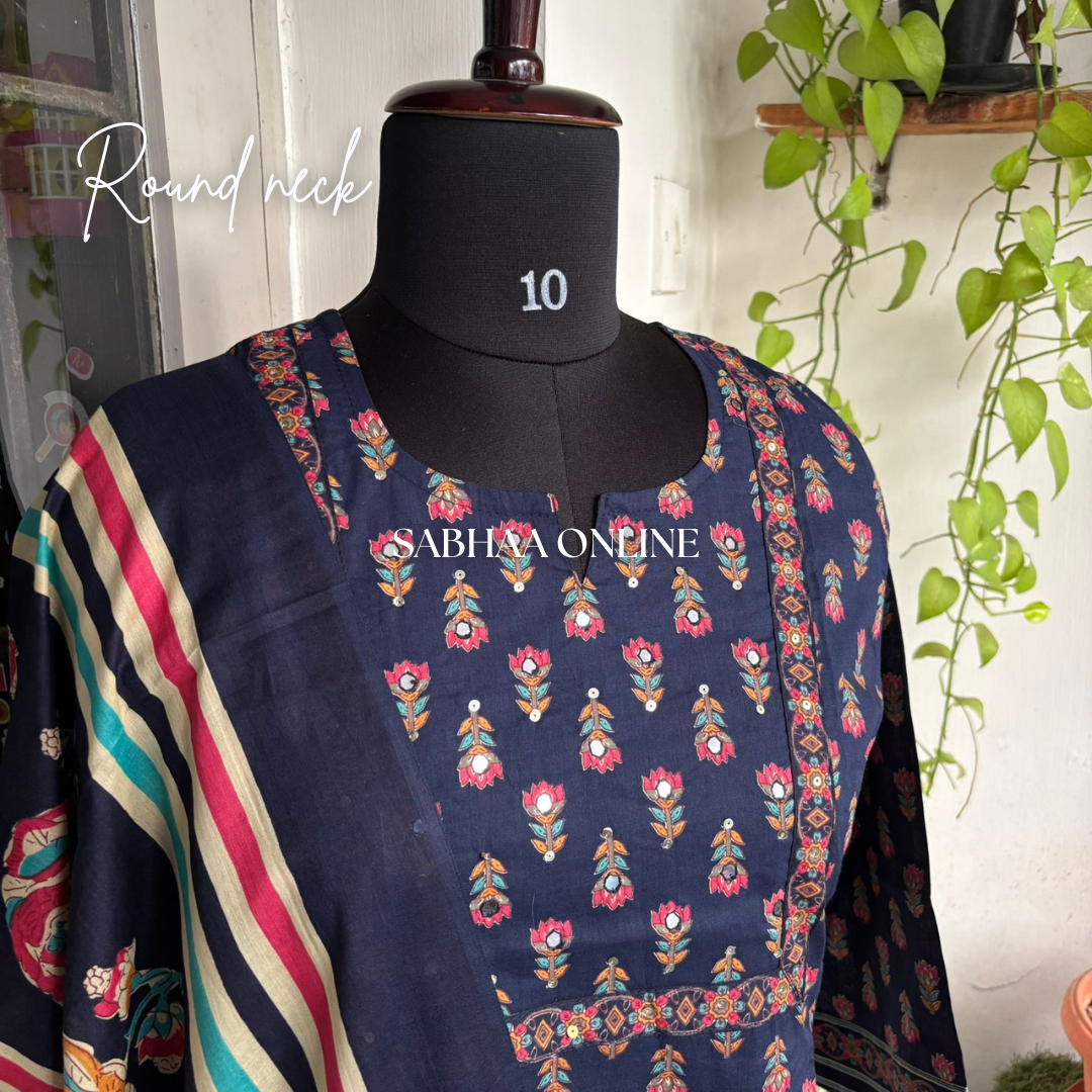 Aadya - Navy Blue Cotton Kurti 3pc set