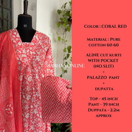 Agastya - Coral red Aline Kurti 3pc set
