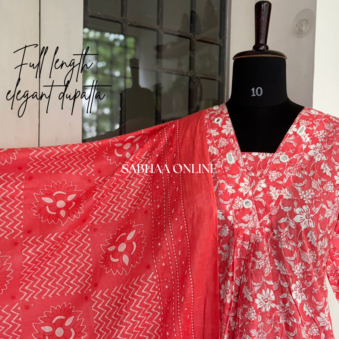Agastya - Coral red Aline Kurti 3pc set