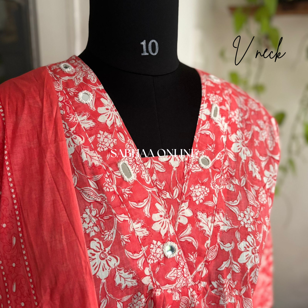 Agastya - Coral red Aline Kurti 3pc set