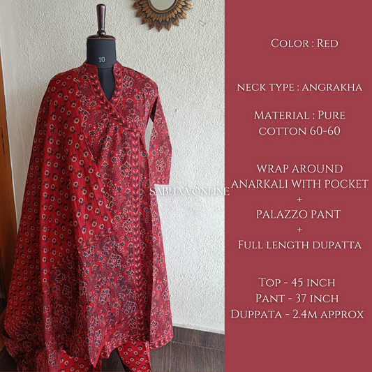 Akansha - Maroon Red Cotton Wrap-Around Anarkali kurti 3pc set