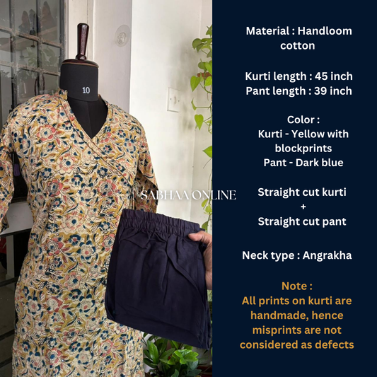 Akshi - Yellow Kalamkari Cotton Kurti pant set