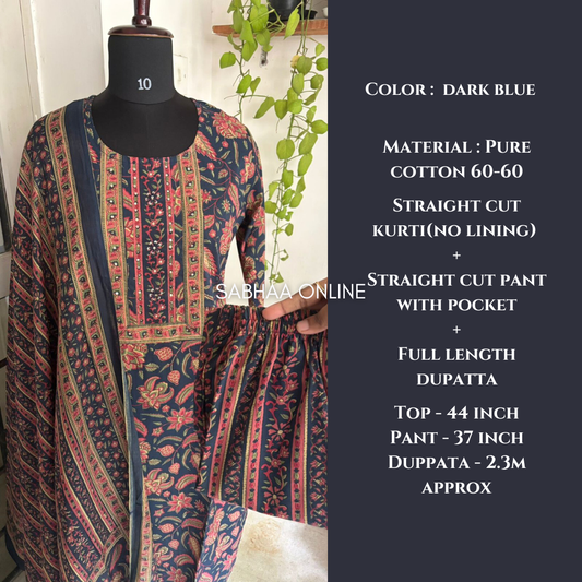 Alda - Dark Blue Cotton Kurti 3pc set