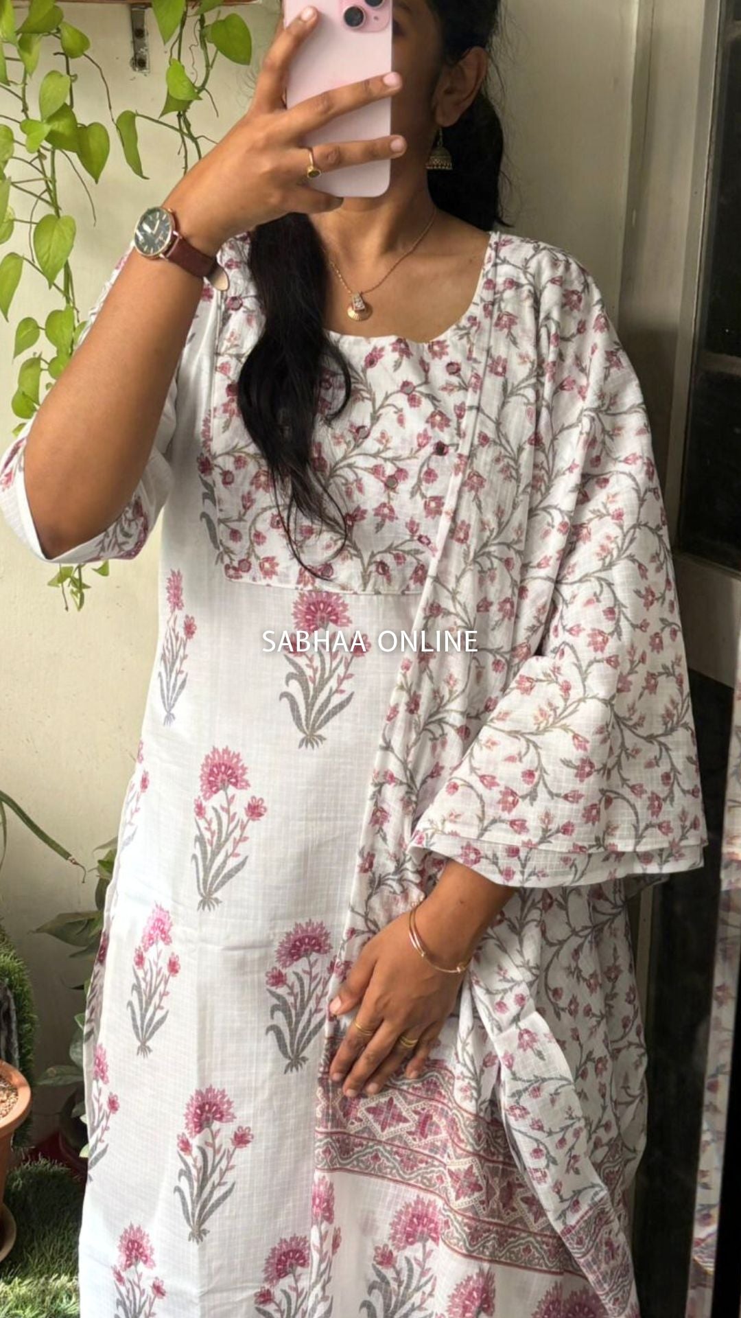 Alia - White and Pink Cotton Kurti 3pc set with lining (Slim fit)