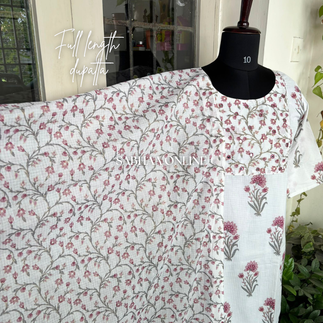 Alia - White and Pink Cotton Kurti 3pc set with lining (Slim fit)