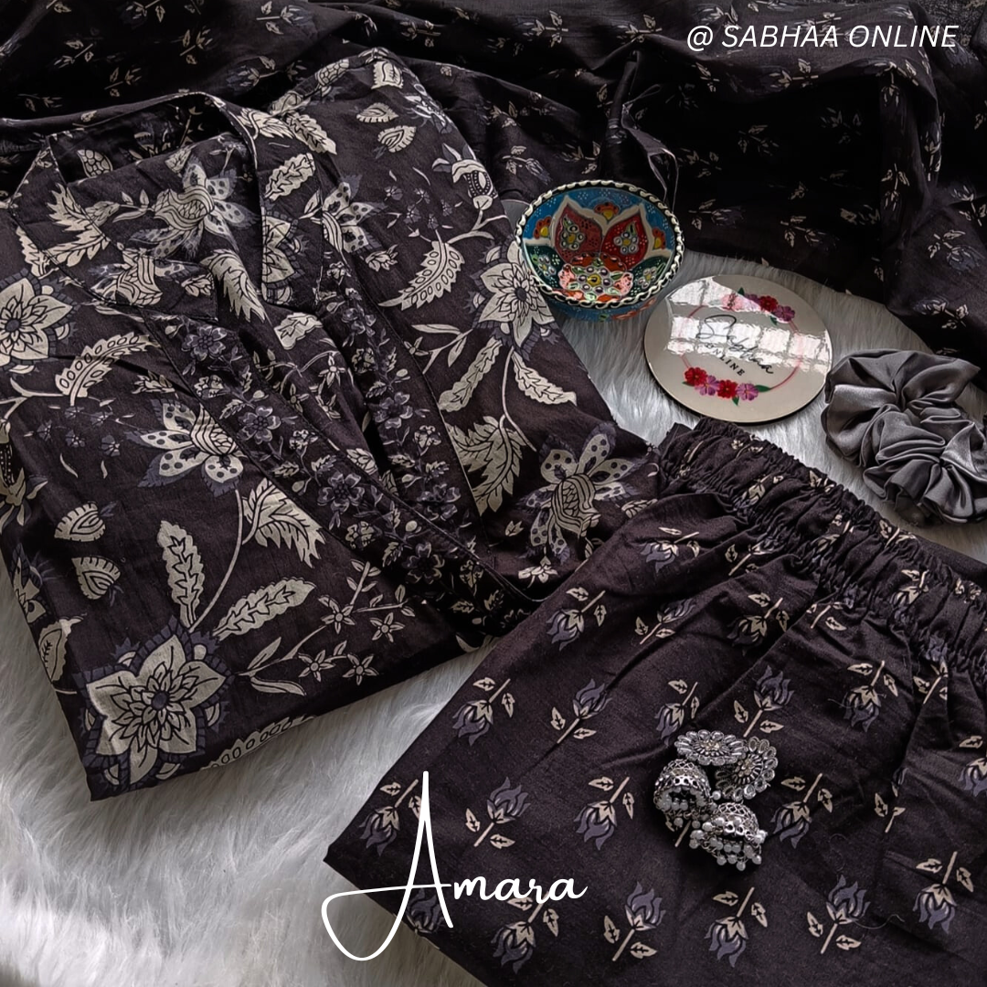 Amara - Black Cotton Wrap-Around Anarkali kurti 3pc set