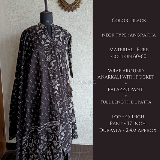 Amara - Black Cotton Wrap-Around Anarkali kurti 3pc set