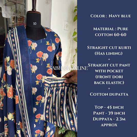 Ambika - Navy Blue Cotton Kurti 3pc set with lining (Slim fit)