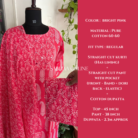 Amrah - Bright Pink Cotton Kurti 3pc set with lining