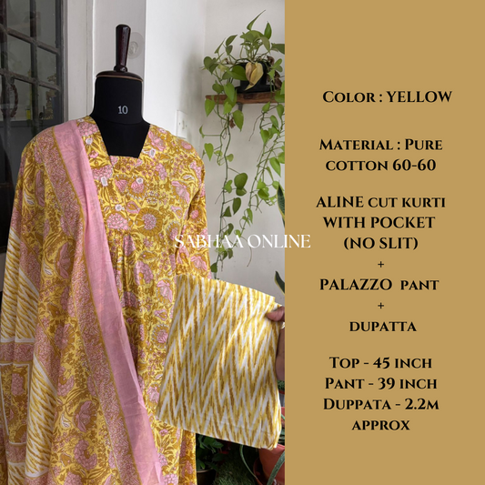 Anmol - Yellow Cotton Aline Kurti 3pc set
