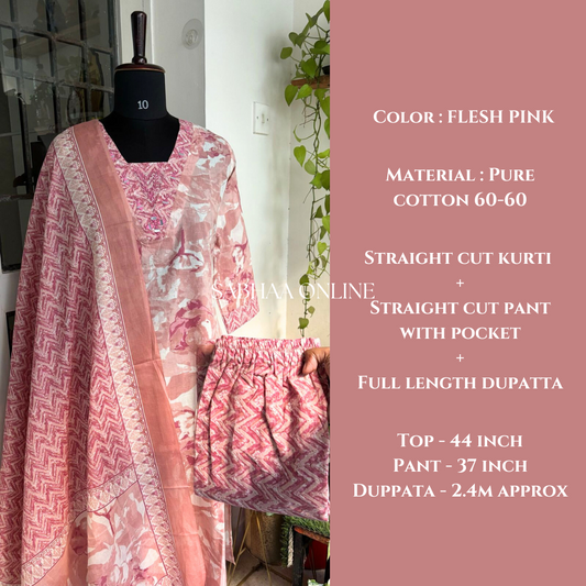 Arka - Flesh Pink Cotton Kurti 3pc set
