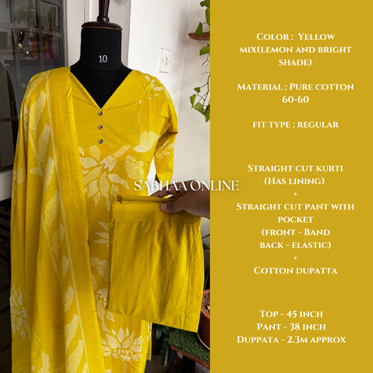 Arushi - Mix of Yellow Cotton Kurti 3pc set with lining