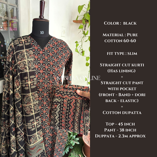 Avantika - Black Cotton Kurti 3pc set with lining (Slim fit)