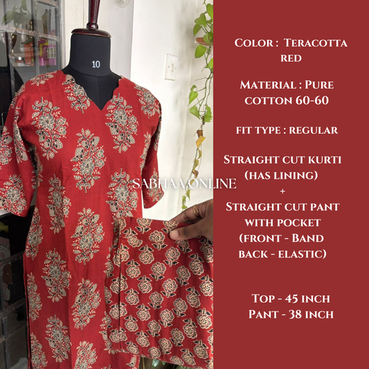 Bhoomi - Ajrakh Red Cotton Kurti pant set with lining