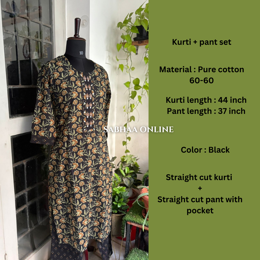 Bindu - Black Cotton Kurti pant set