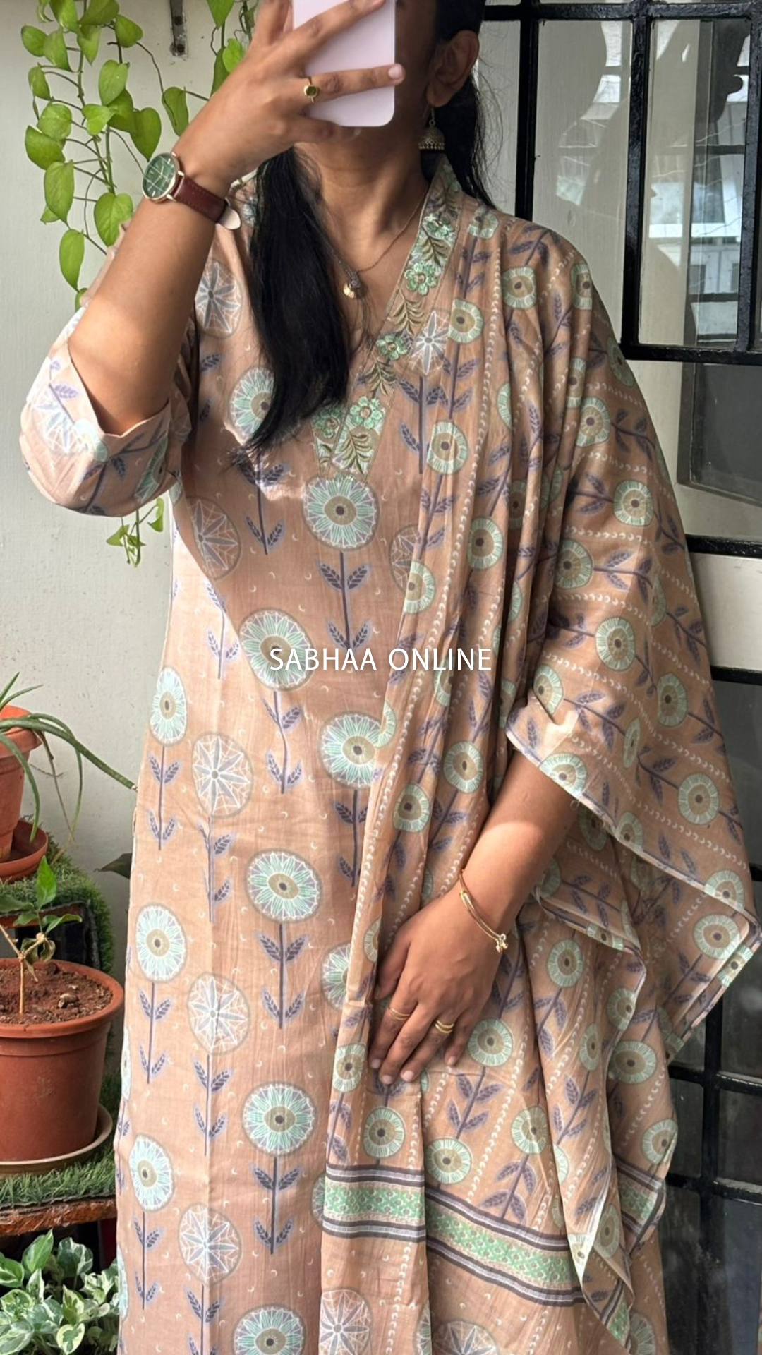 Binita - Warm beige Cotton Kurti 3pc set