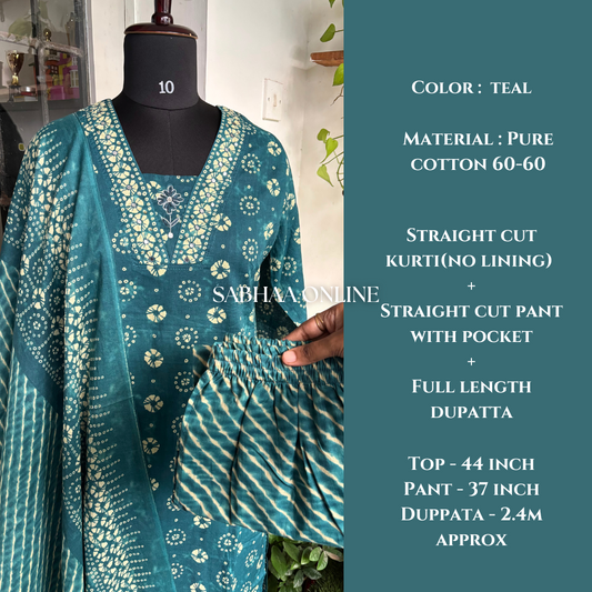 Chandni - Teal Bandhej Cotton Kurti 3pc set