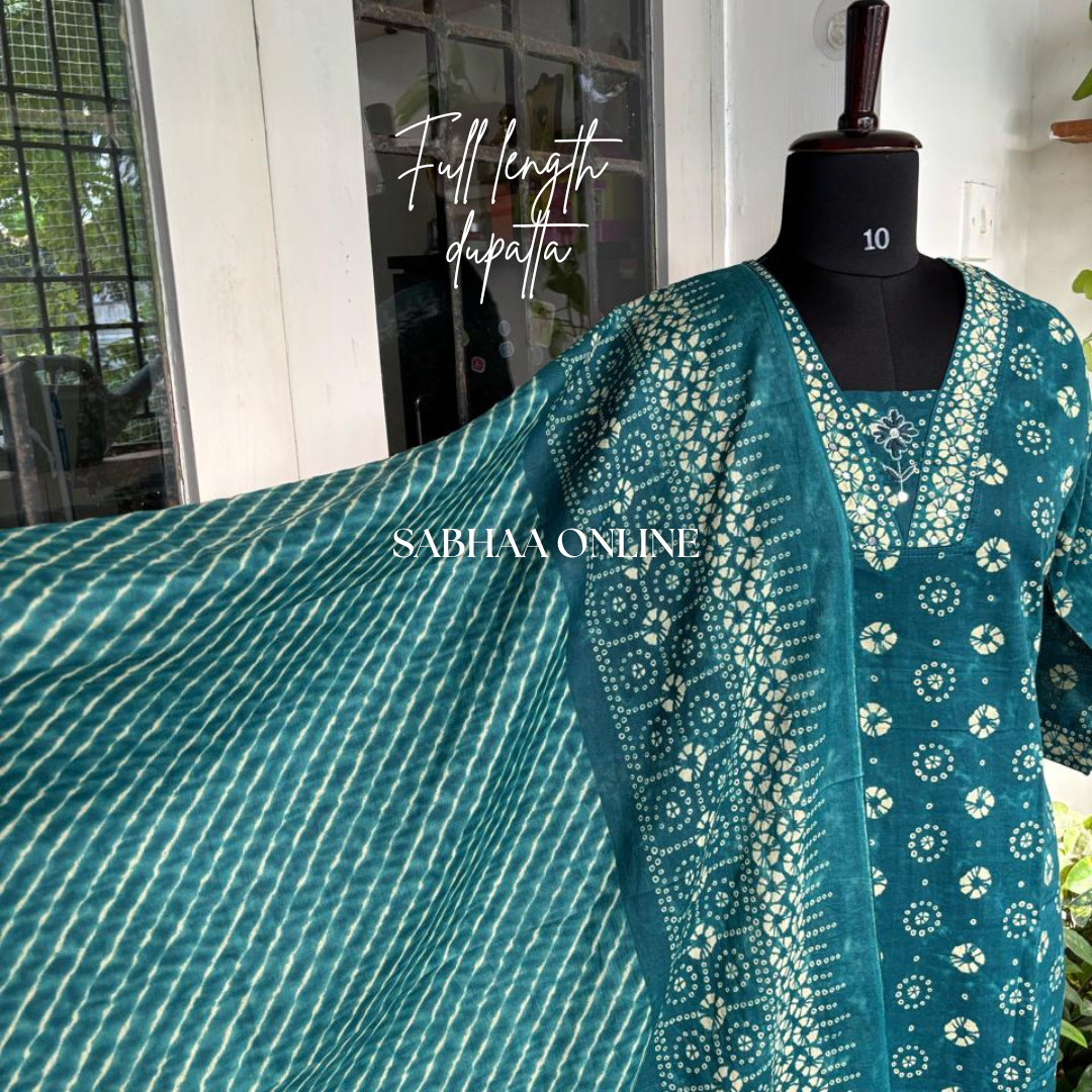 Chandni - Teal Bandhej Cotton Kurti 3pc set