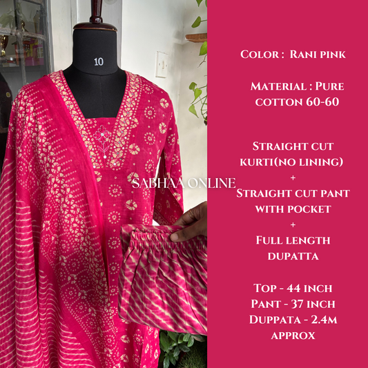 Chandni - Rani Pink Bandhej Cotton Kurti 3pc set