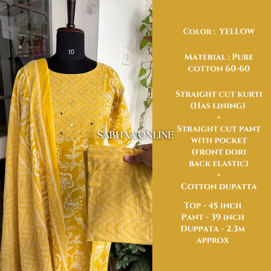 Chandrika - Yellow Cotton Kurti 3pc set with lining