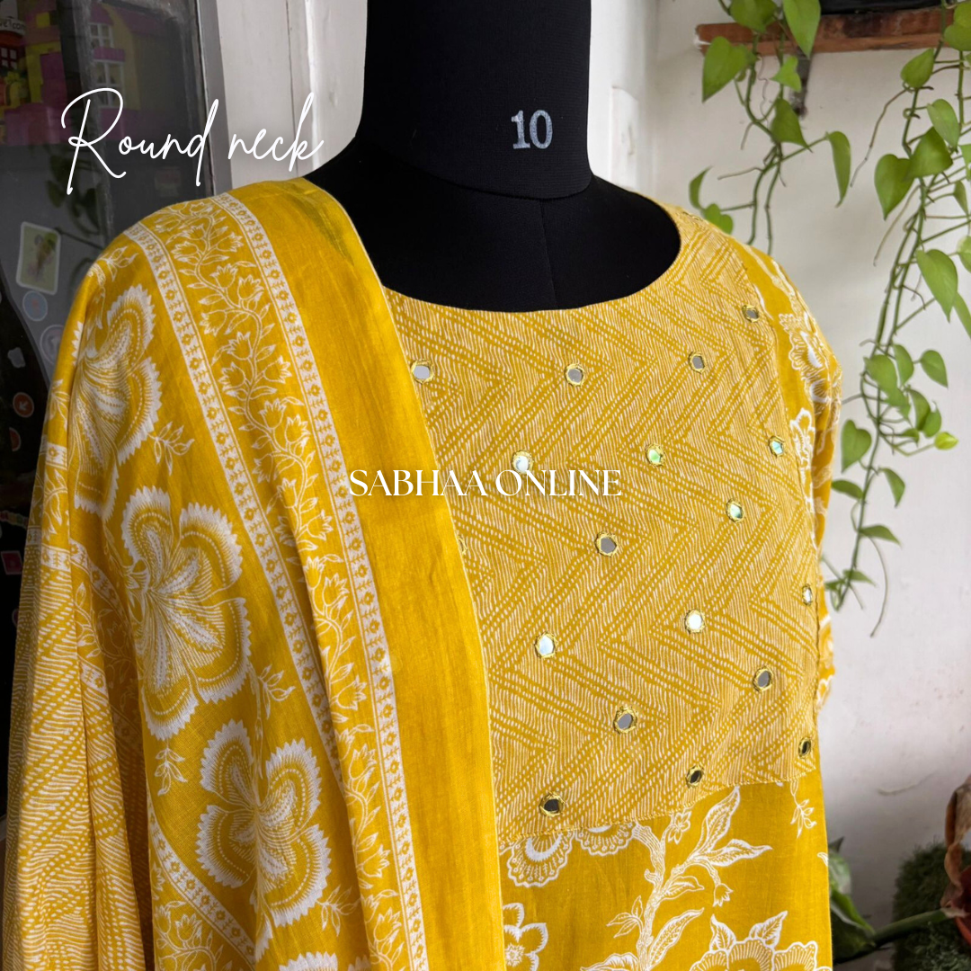 Chandrika - Yellow Cotton Kurti 3pc set with lining