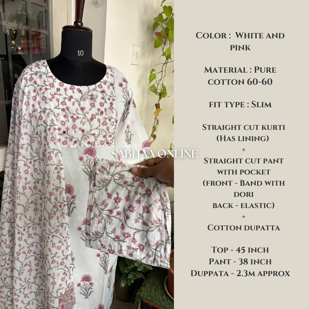 Alia - White and Pink Cotton Kurti 3pc set with lining (Slim fit)