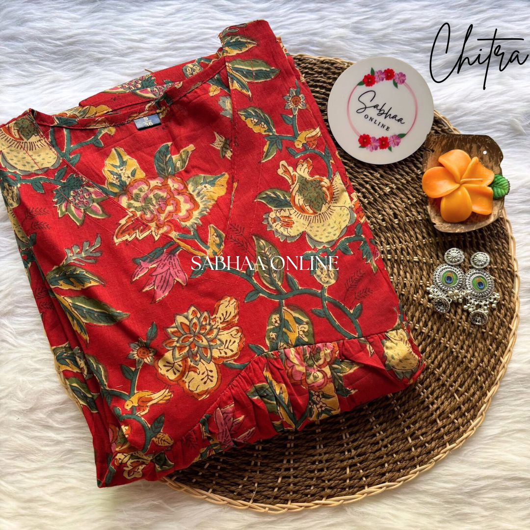 Chitra - Crimson Red Cotton Anarkali with full chudidhar sleeve