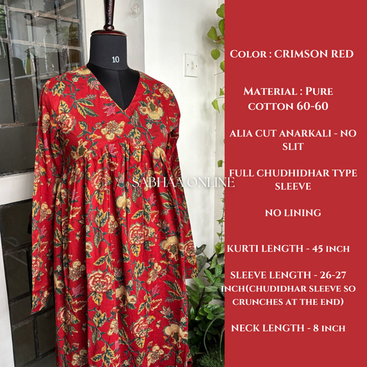 Chitra - Crimson Red Cotton Anarkali with full chudidhar sleeve