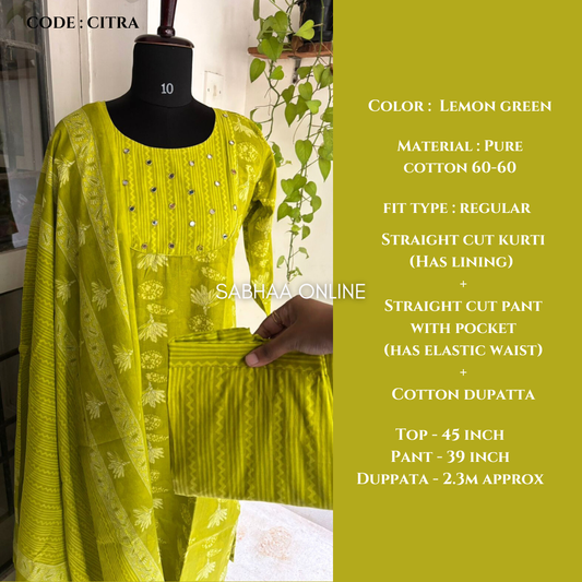 Citra - Lemon green Cotton Kurti 3pc set with lining