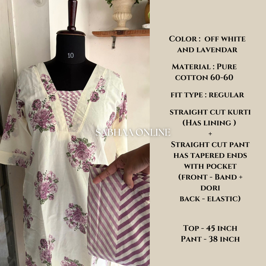 Lima - Off white and Lavendar Cotton kurti pant set with lining- LN 21
