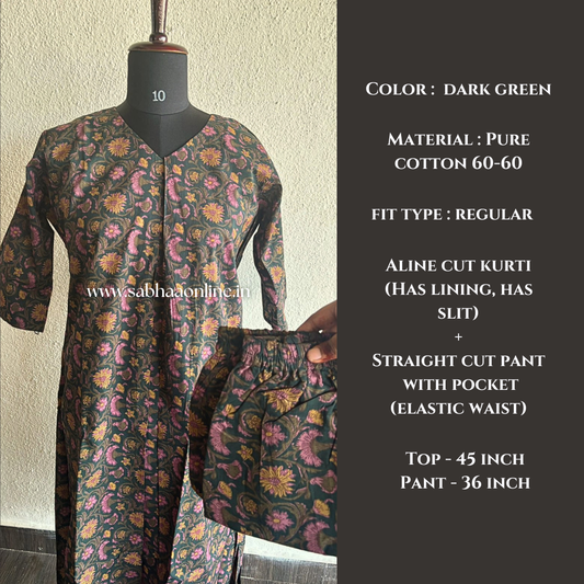 Jade - Dark Green Aline Cotton Coord set with lining - LN 38 (Size 2XL 44 ONLY)