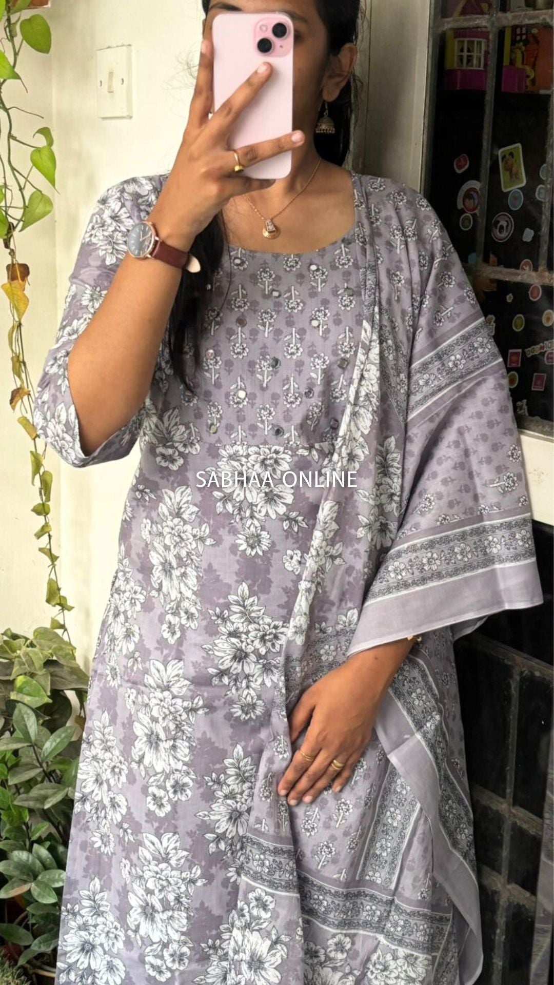 Deyga - Slate grey Cotton Kurti 3pc set with lining (Slim fit)