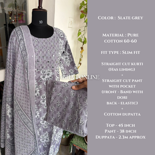 Deyga - Slate grey Cotton Kurti 3pc set with lining (Slim fit)