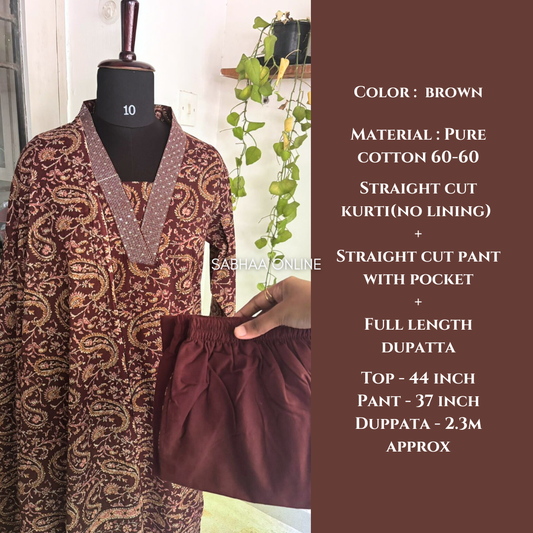 Dheerah - Brown Paisley Cotton kurti 3pc set - LN 15
