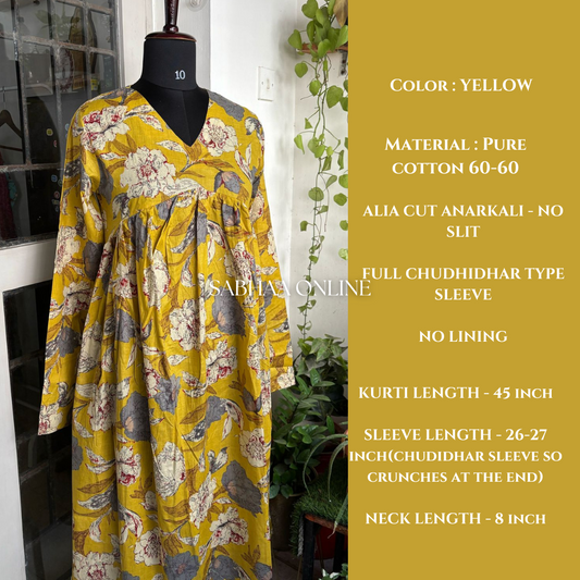Dhoop - Yellow Cotton Anarkali with full chudidhar sleeve