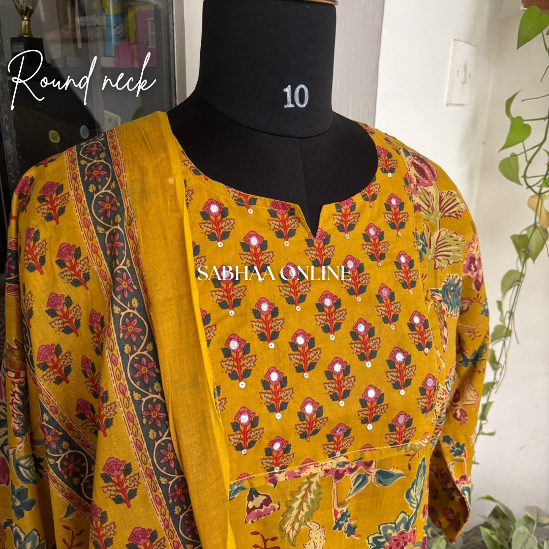 Dhrithi - Amber Yellow Cotton Kurti 3pc set