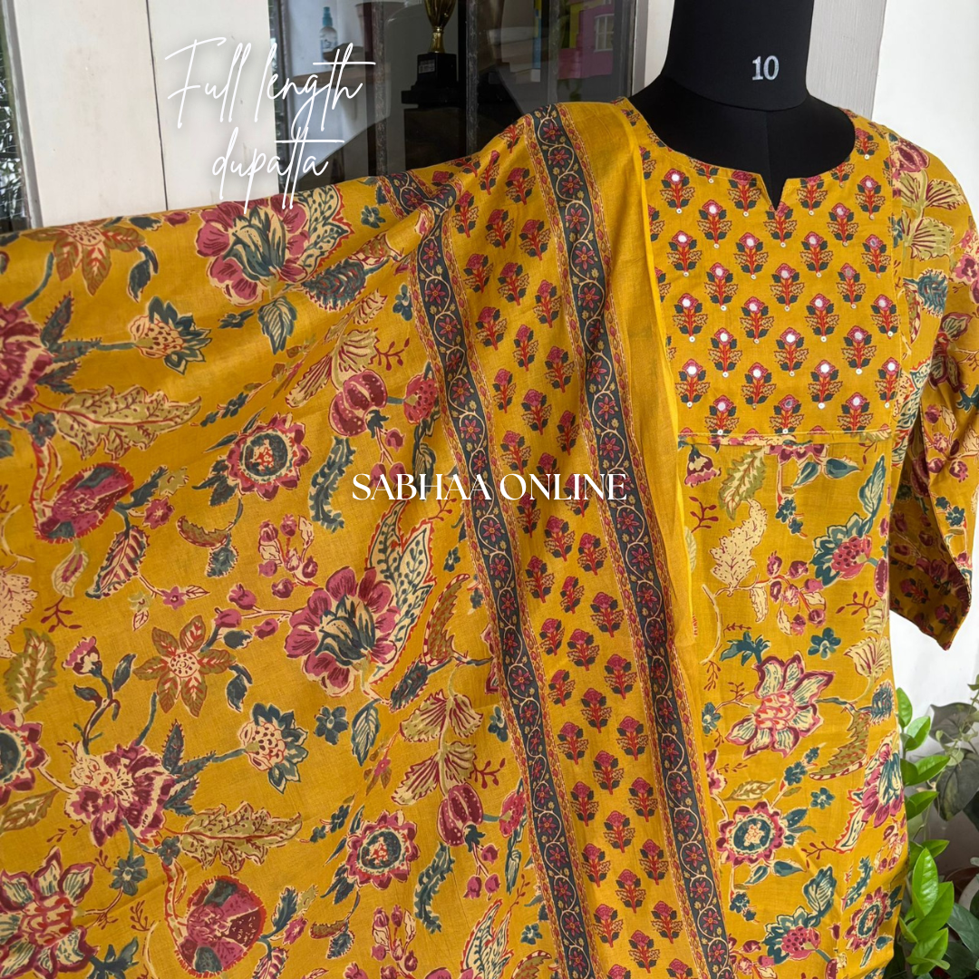 Dhrithi - Amber Yellow Cotton Kurti 3pc set