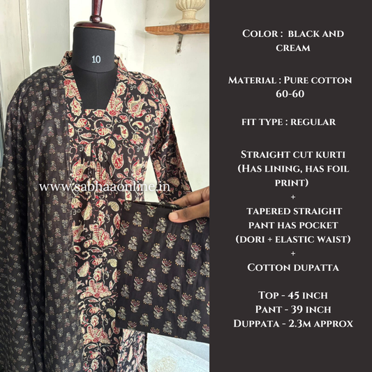 Durga - Black and Cream Cotton Kurti 3pc set with lining - LN20
